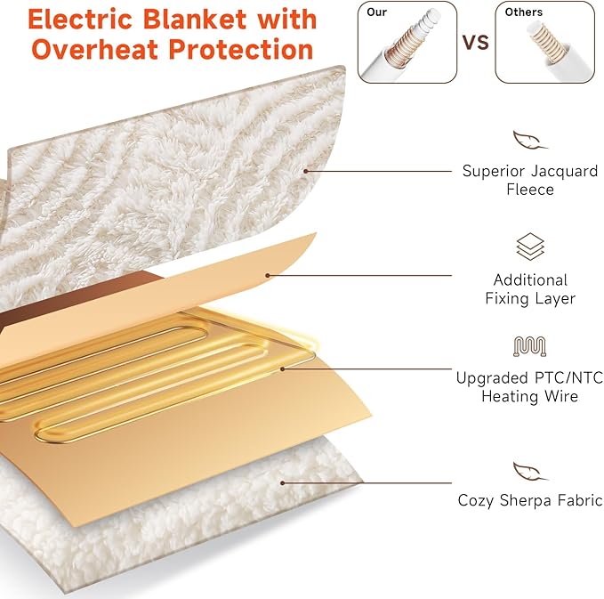Heated Blanket Queen Size - 84"x90" Cozy Soft Jacquard Heating Blanket with 4 Heat Levels & 10 Hours Auto-Off, Jacquard Fleece, Overheating Protection, Warm Gifts, Cream