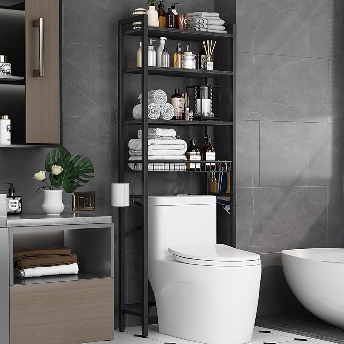 Over-The-Toilet Storage Rack, 4-Tier Bathroom Organizer Shelf Over Toilet with Adjustable Shelf and Basket, Freestanding Space Saver Bathroom Shelves Above Toilet for Room (Pure Black)