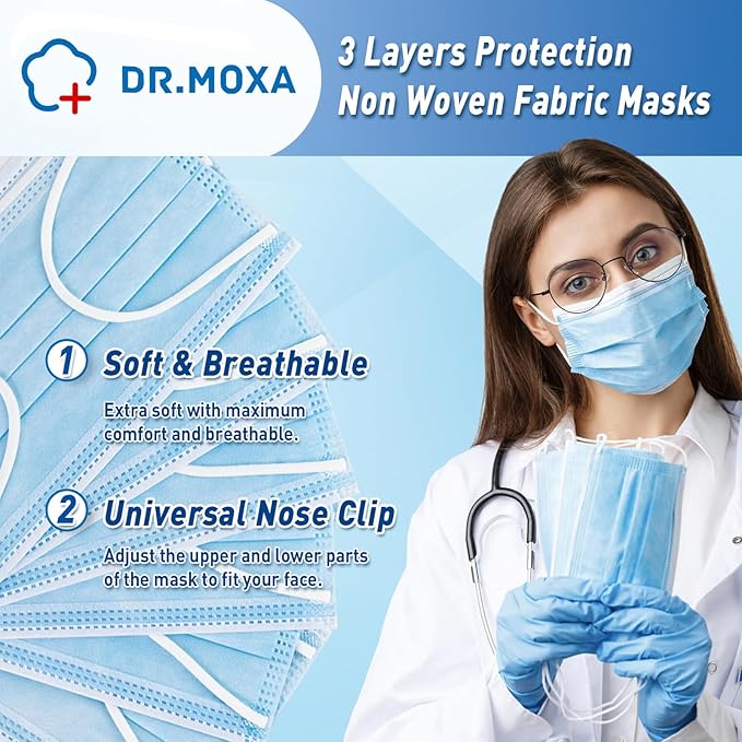 DR.MOXA 50 Pack Disposable Face Masks, Medical Grade 3 Ply Masks for Protection Blue