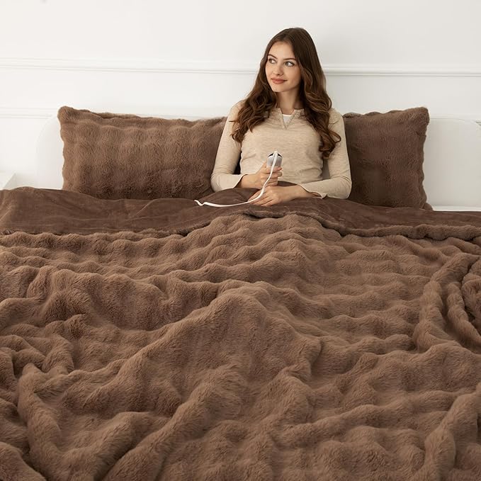 Faux Rabbit Fur Bubble Heated Blanket Twin Camel - Ultra Soft Cozy Luxury Electric Blanket with 6 Heating Levels & 10 Timer Settings, Machine Washable and Decor Gifts for Home (62" x 84")