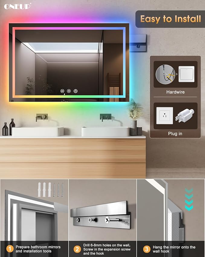 oneup 60x40 Inch LED Bathroom Mirror,RGB Color Changing Bathroom Mirror with Lights,Anti-Fog Wall-Mounted Vanity Mirrors,Smart Dimmable Multicolor Lighted,IP54 Waterproof