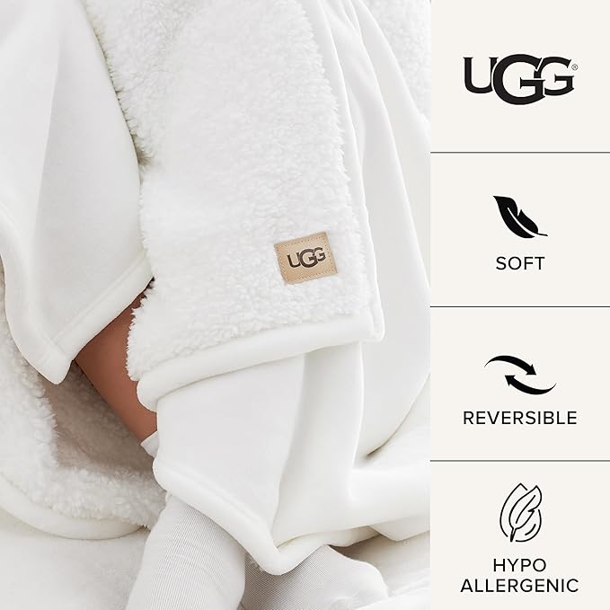 UGG Ariana Full/Queen Blanket Fleece Fluffy Reversible Soft Fuzzy Bedding Cozy Plush Warm Oversized Blanket Machine Washable Bedroom Decor for Big Couch or Bed, 90-inch x 90-inch, White Snow