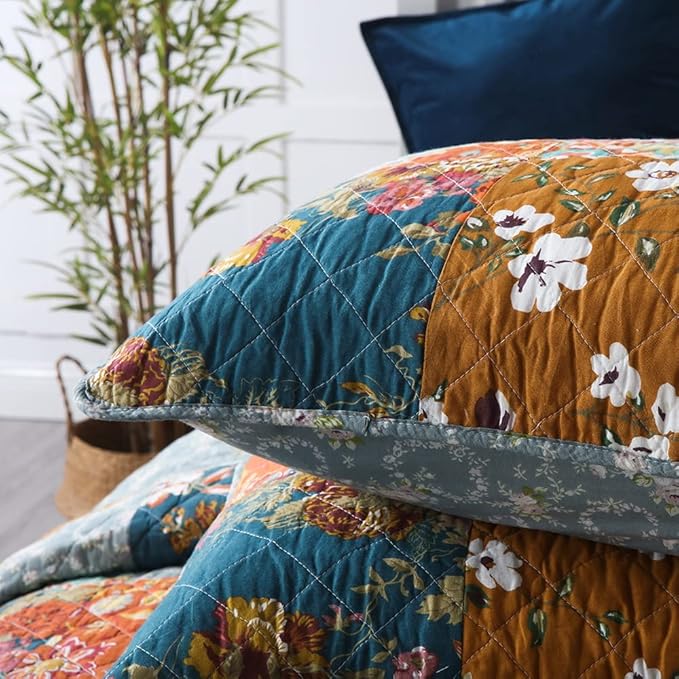 Autumn Dream Cotton Bedspread Quilt Sets Reversible Bedding Coverlet Sets Comforter, Paisley Floral Patchwork Yellow Grey Bedspread, King Size