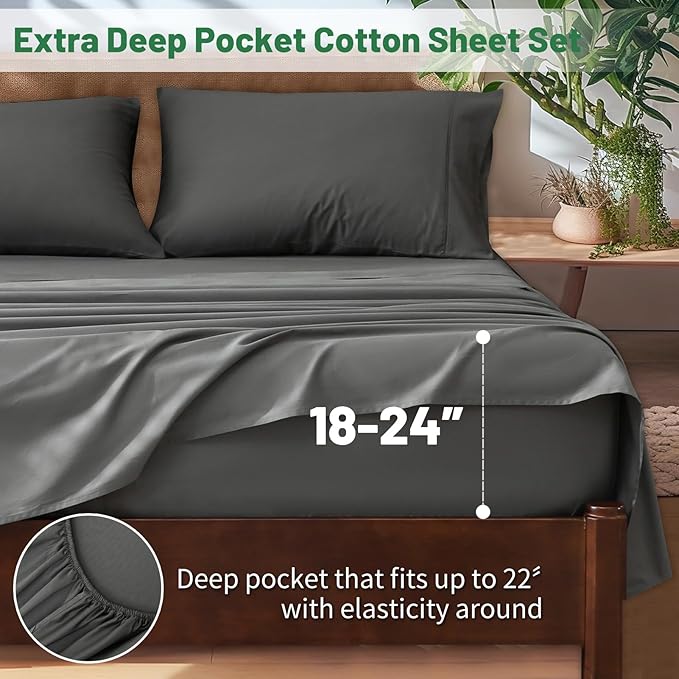 Extra Deep Pocket King Sheets 18-24 Inch 1000 Thread Count 100% Egyptian Cotton Sateen Weave Soft Breathable 4 Pieces（King，Dark Grey）