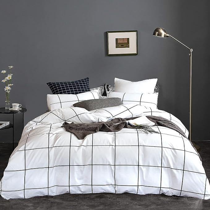 KAREVER White Grid Comforter Set Big Grid Bedding Set Full White Black Plaid Printed Stripes Women Checkered Comforters Bedding Set Girls White Grid Bed Blanket Set White Plaid Full Comforter