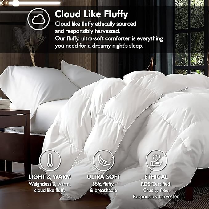 Luxurious Oversized Queen 98" x 98" Size Goose Down Fiber Waterfowl Feather Fiber Comforter Duvet, 100% Egyptian Cotton Cover, 56 oz. Fill Weight, Baffle Box Design, White Solid