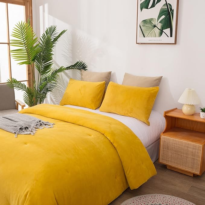 Cottonight Yellow Velvet Comforter Set Full Women Men Mustard Yellow Flannel Plush Fluffy Bedding Comforter Set Full Warm Heavyweight Winter Shearp Micromink Quilts Comforter Soft Comfy
