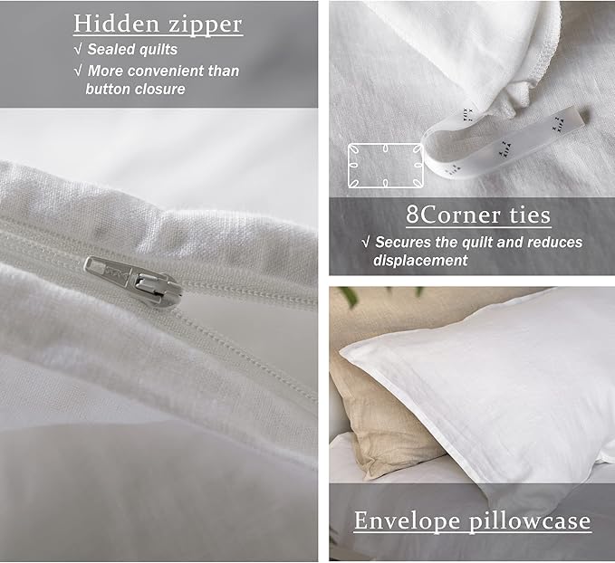 XZ XIFA White Linen Duvet Cover,100% Natural French Flax, Breathable & Durable Textured Bedding, Cooling Duvet Cover Sets 3pcs-1 Duvet Cover and 2 Pillowcases (King Size)