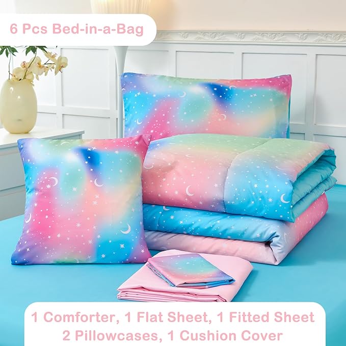 URBONUR 6Pcs Gradient Glitter Comforter Set for Girls Twin Size Colorful Rainbow Pink Blue Bedding Set, Soft & Breathable Kids Bed in a Bag