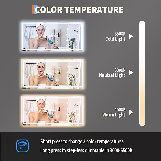 GarveeHome 55x26 LED Bathroom Mirror with Lights, Dimmable, Anti-Fog, Backlit + Front Lit, Lighted Bathroom Vanity Mirror for Wall, Memory Function, Shatter-Proof (Horizontal/Vertical)