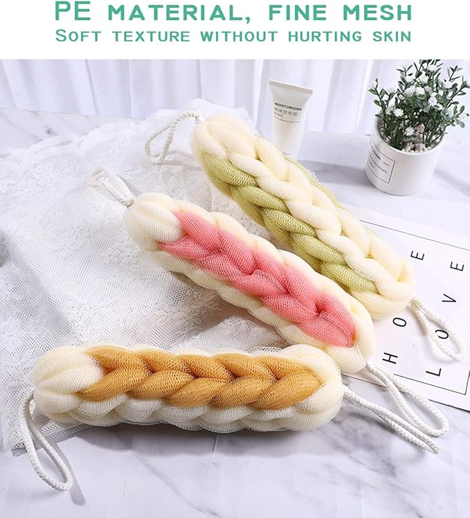 AARAINBOW 2 Packs Upgraded Long Stretch Back Sponge with Rope Handles Back Scrubber Bath Shower Mesh Sponge Exfoliating Body Scrub Stretch Braided Loofah for Men Women Shower Rope (Gray+Green)