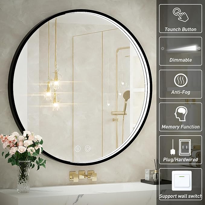 36" Round LED Bathroom Mirror, Dimmable Anti-Fog Vanity Mirror with Touch Control, 6000K Natural Light, Black Metal Frame, Wall Mounted for Makeup Shaving (IP54, 90+ CRI)