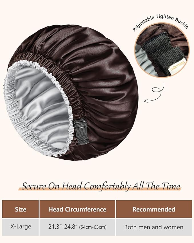 mikimini Satin Bonnet for Men and Women, Reversible Double Layer Sleeping Bonnet for Hair Braids with Anti-slip Adjustable Elastic Band Super Soft (XL, Black/silver)