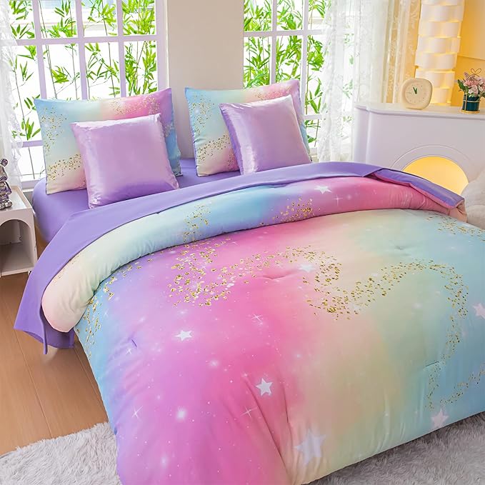 Rainbow Bedding Set Twin Size – 7 Piece Reversible Girls Comforter with Deep-Pocket Sheet, Gradient Galaxy Design, Whole-Piece Filling, Machine Washable Bed-in-a-Bag for Kids Room Makeover & Gifts