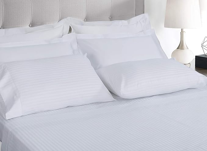Threadmill 100% Cotton Sheets for Full Size Bed - 600 Thread Count Full Bed Sheets Set with 16” Deep Pocket - Damask Stripe Sateen Weave 4-Piece Bedding Set with Cooling Effect, White