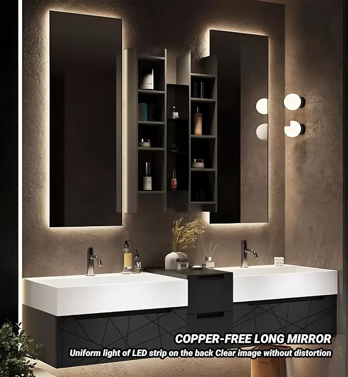 Double Bathroom Vanity with Sink, Floating Modern Bathroom Vanity Set Includes LED Smart Defogging Mirror and Open Storage Wall Cabinet, Solid Wood Bathroom Cabinet with Large Drawer (Apricot, 76")