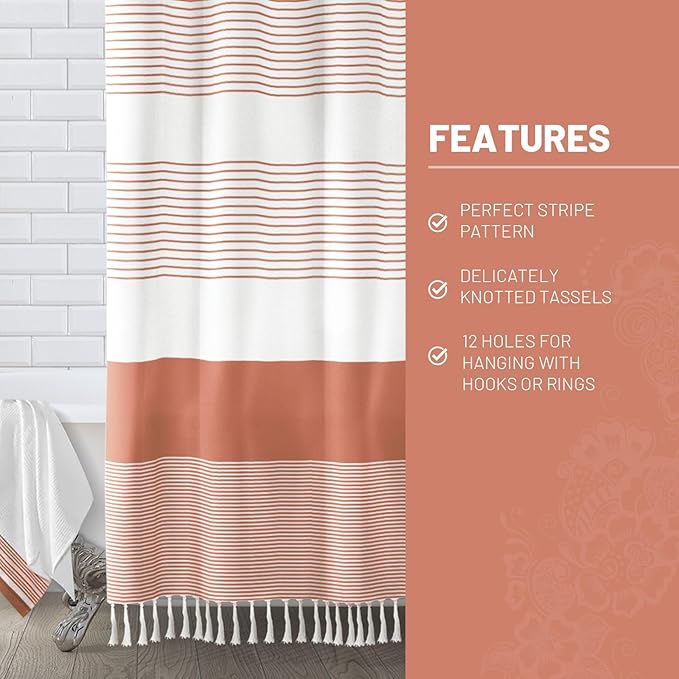 Awellife Boho Coral Shower Curtain for Bathroom Stripe Tassel Shower Curtain 72 X 72 Inches Farmhouse Cotton