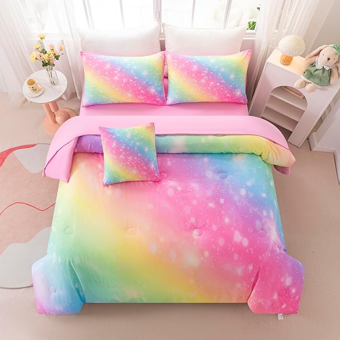 4Pcs Twin Size Comforter Set for Girls Kids, Gradient Rainbow Glitter Girls Bedding Set with Sheets, Soft & Breathable Kids Bed for Gift Bedroom Decor