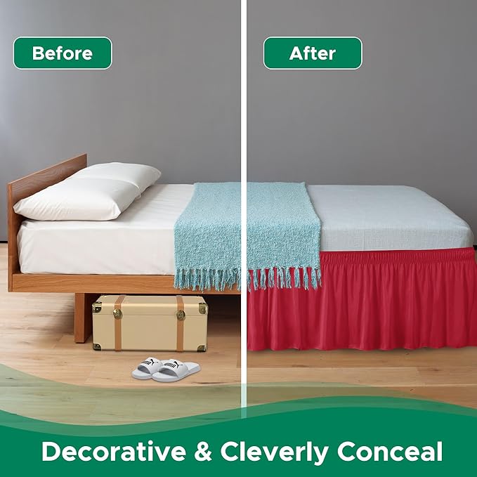 Biscaynebay Wrap Around Bed Skirts for Queen Size Beds 18" Drop, Red Adjustable Elastic Dust Ruffles Easy Fit Wrinkle Resistant Silky Luxurious Fabric Machine Washable