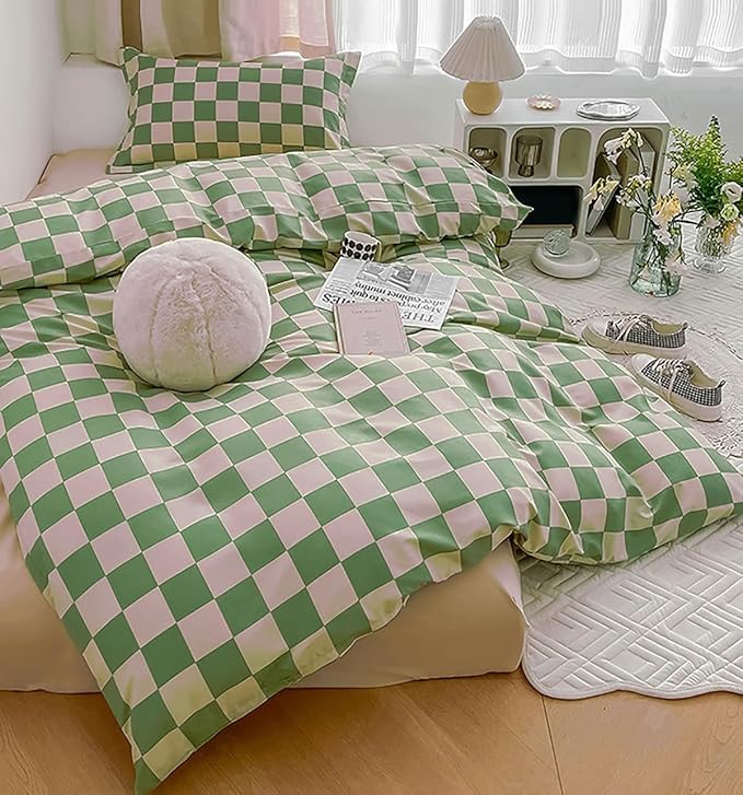KAREVER Green Checkered Comforter Queen Sage Green Grid Bedding Set Women Light Green White Plaid Bed Comforter Set Queen Size Breathable Blanket Set Men Durable Queen Bedding Comforter Set