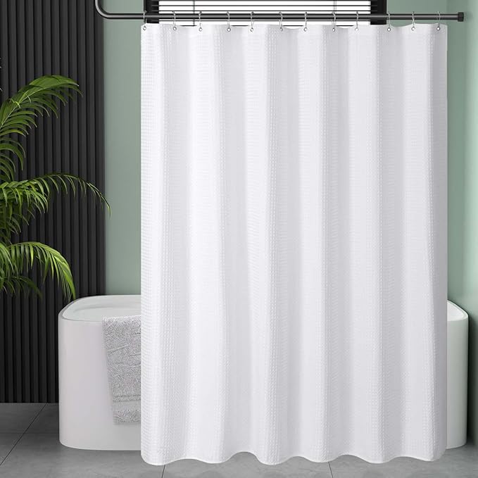 AmazerBath Waffle Shower Curtain White, Stall Shower Curtain, Heavy Duty Fabric Shower Curtains, Hotel Quality Bathroom Shower Curtains, 54 x 78 Inches