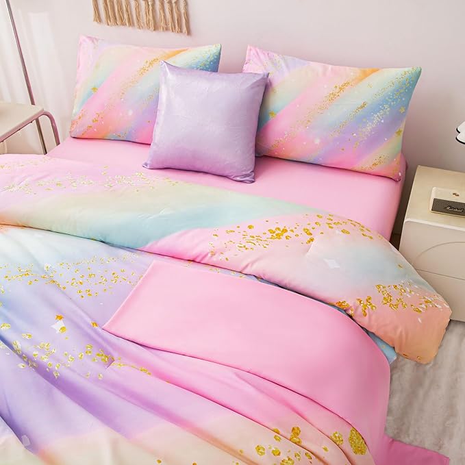 Rainbow Bedding Set Full Size – 6-Piece Reversible Girls Comforter with Deep-Pocket Sheet, Gradient Galaxy Design, Whole-Piece Filling, Machine Washable Bed-in-a-Bag for Kids Room Makeover & Gifts