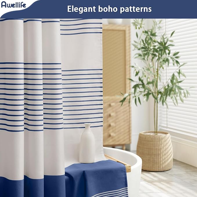 Awellife Blue Shower Curtain for Bathroom Linen Texture Stripe Tassel Shower Curtain 72 X 84 Inches Boho Neutral