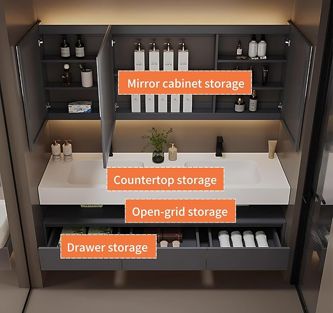 72IN Bathroom Vanity Double Sink - Double Sink Bathroom Vanity Set Include Smart Defogging Bathroom Mirror Cabinet with LED Light Strips, Abundant Storage Space with 3 Drawers (Mirror Cabinet)