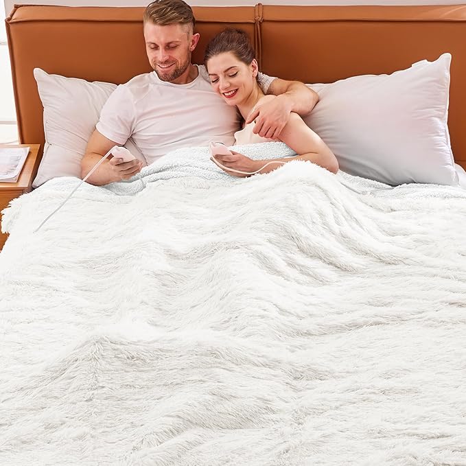 Heated Electric Blanket Queen–Faux Fur with Soft Thick Sherpa,Warm Winter Birthday Gifts for Women Grandma,Dual Control,10 Heat Settings,5 Time Settings, 84x90, Snow Cloud