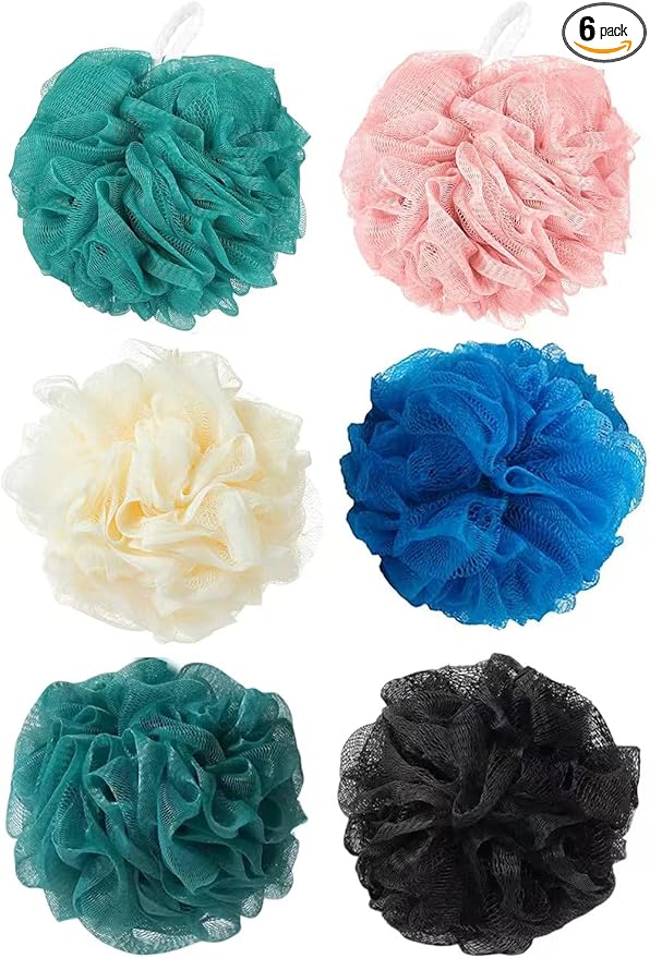 Loofah Sponge Shower Loofahs Bath Sponges Mesh Balls for Women Men Bathing Accessories Body Wash Back Scrubber 50g Soft Pouf Body Scrubber Loofahs Puff Pack, Exfoliate, Cleanse, Soothe Skin (6 Colors)