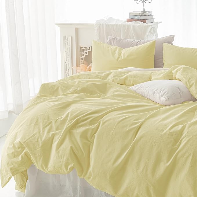 FOSSA Duvet Cover Set 100% Washed Cotton Linen Feel Super Soft Breathable Cozy 3 Pieces Bedding Sets Solid Pastel Yellow Twin