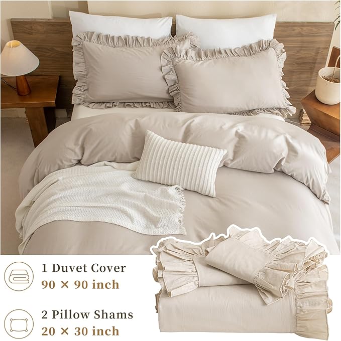 QSH Washed Cotton Queen Duvet Cover Set Ruffle Duvet Cover Linen Textured Farmhouse Shabby Vintage Chic Bedding Comforter Cover 3 PCs Aesthetic French Country Queen Bed Set