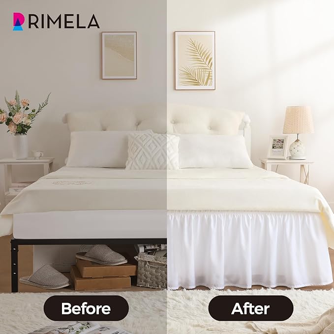 RIMELA White Bed Skirt Queen Size 15 Inch Drop, Elastic Bed Skirting for Bed Base and Frame, Bedding Dust Ruffle Easy to Install, Lightweight Wrap Around Adjustable Bedskirt
