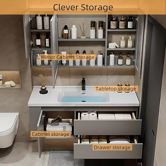 48IN Suspended Bathroom Cabinet Combo Set - Fully Functional LED Mirror with Smart Defogging & Time Display | Bathroom Vanity with Sink,Side Cabinet Storage Compartment (Style A)