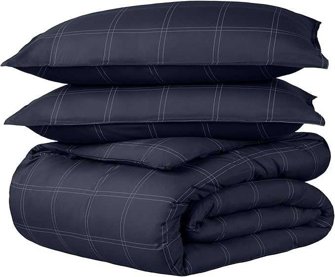 Bare Home Bedding Duvet Cover Set Queen Size - Premium 1800 Super Soft Collection - Lightweight, Duvet Cover - Soft Textured Bedding (Queen, Modern Plaid - Midnight Blue/White)