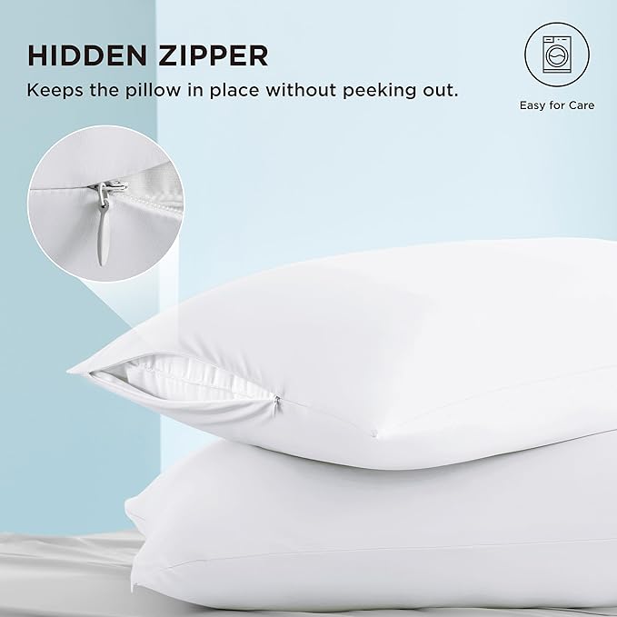 Bedsure Cooling Pillow Cases, Zipper Pillow Cases Queen Size Set of 2, Cool Pillowcases for Hot Sleepers & Night Sweats, Soft & Breathable Cold Pillow Cover for Hair & Skin, Gift, White, 20x30 Inches