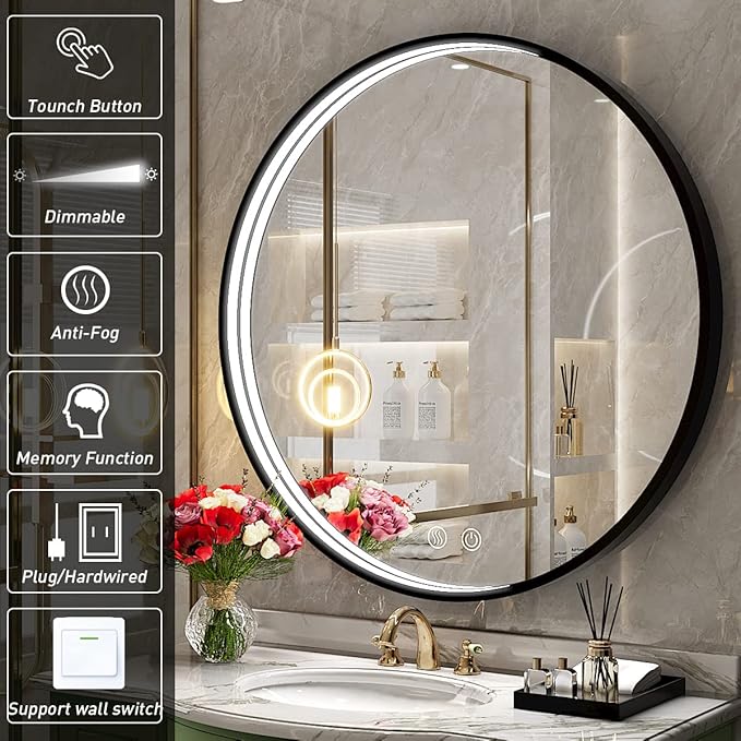 28" Round LED Bathroom Mirror, Dimmable Anti-Fog Vanity Mirror with Touch Control, 6000K Natural Light, Black Metal Frame, Wall Mounted for Makeup Shaving (IP54, 90+ CRI)