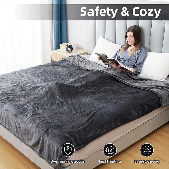 Electric Heated Blanket Queen Size 84"x 90",Dual Control Super Cozy Soft Warm with 5 Heat Levels &10 Hours Auto Off, Home Office Use & Machine Washable, Dark Gray