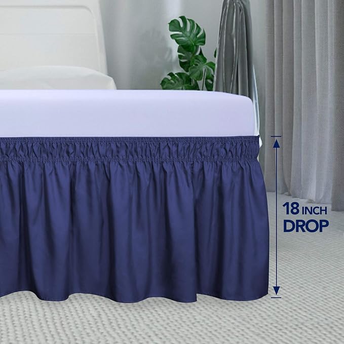 PureFit Wrap Around Ruffled Bed Skirt with Adjustable Elastic Belt - 18 Inch Drop Easy to Put On, Wrinkle Free Bedskirt Dust Ruffles, Bed Frame Cover for Queen, King and C-King Size Beds, Navy