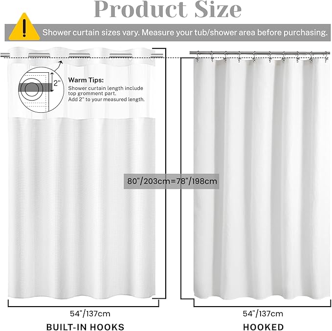 No Hook Shower Curtain with Snap in Liner Set Waffle Shower Curtain for Bathroom Hotel Style Fabric Waterproof Inner Liner，54" W x 80" H, White