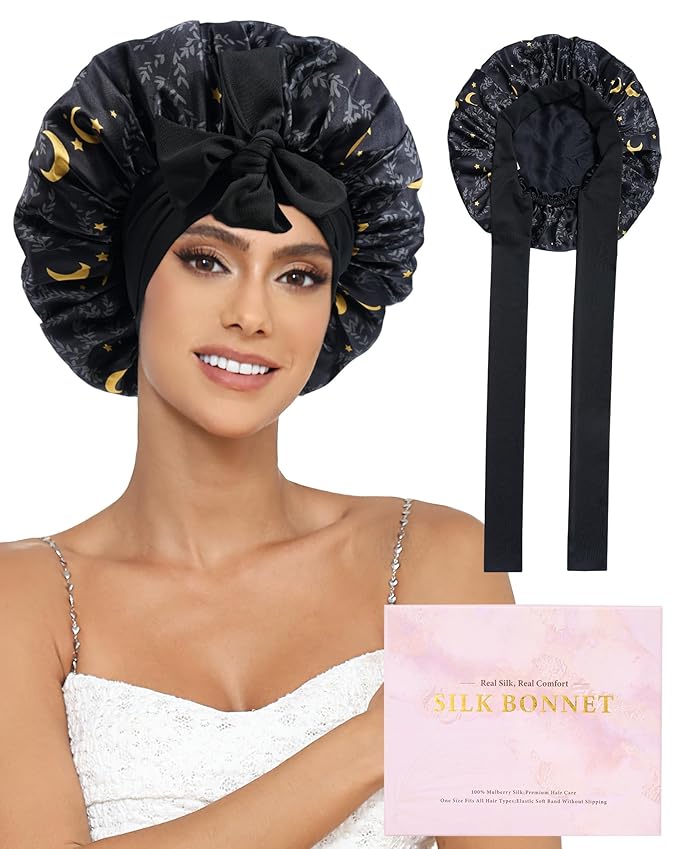 100% Mulberry Silk Bonnet for Sleeping Women Double Layer Silk Hair Bonnet Natural Sleep Cap with Elastic（Black + Moon）