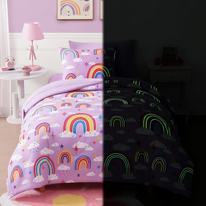 Twin Comforter Set for Girls-5 Pieces Purple Rainbow Glow in The Dark Twin Bedding Sets for Kids, Ultra Soft Bed in A Bag with Sheets