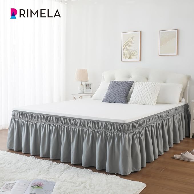 RIMELA Grey Bed Skirt Full Size 18 Inch Drop, Elastic Bed Skirting for Bed Base and Frame, Bedding Dust Ruffle Easy to Install, Lightweight Wrap Around Adjustable Bedskirt