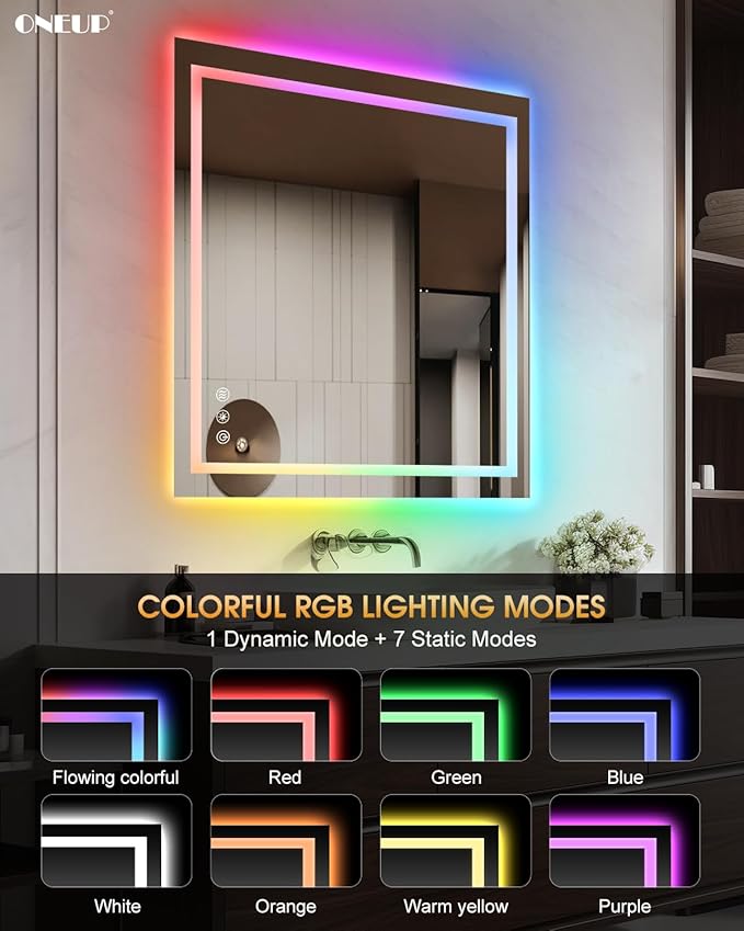 oneup 28x36'' RGB Bathroom Mirror with Lights,RGB Color Changing LED Bathroom Mirror for Wall,Lighted Vanity Mirrors,Dimmable,Anti-Fog,IP54 Waterproof