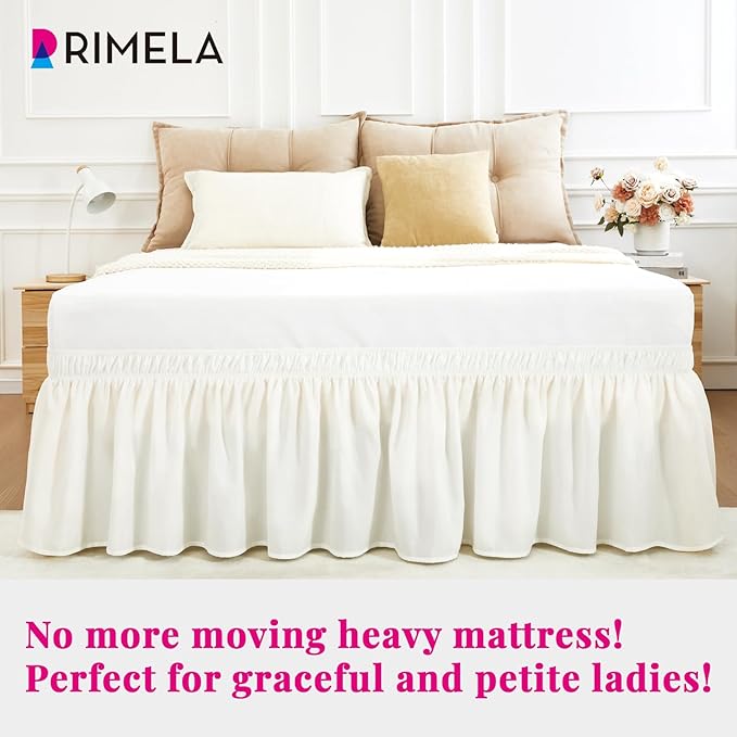 RIMELA Warm White Bed Skirt King Size 15 Inch Drop, Wrap Around Elastic Adjustable Bedskirt, Bed skirting Dust Ruffle for Bed Frame & Box Spring Soft Durable Fabric Machine Washable Easy to Install