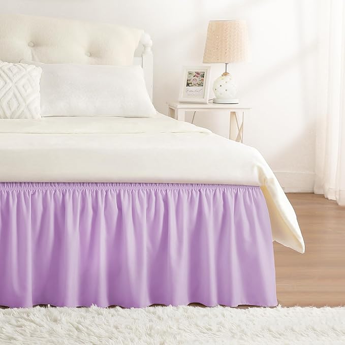 RIMELA Lilac Purple Bed Skirt Twin Size 15 Inch Drop, Elastic Bed Skirting for Bed Base and Frame, Bedding Dust Ruffle Easy to Install, Lightweight Wrap Around Adjustable Bedskirt