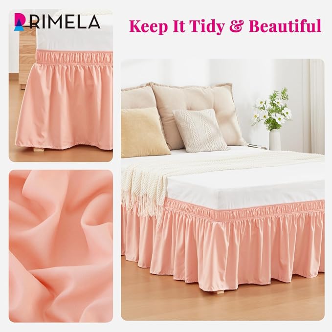 RIMELA Peachy Coral Bed Skirt King Size 18 Inch Drop, Wrap Around Elastic Bedskirt, Dust Ruffle for Adjustable Bed Base Machine Washable Easy to Install Bed Skirts