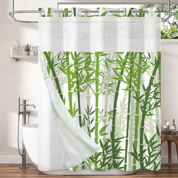 Bamboo Shower Curtain No Hooks with Snap-in Liner,Spring Bamboo Shower Curtains,Watercolor Fabric Green Shower Curtain Set,with See Through Top Window for Bathroom Decor,71 x 74 Inch