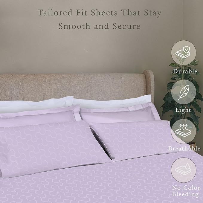 Threadmill Cotton Full Size Sheet Set | 500 Thread Count 100% Cotton Sheets for Full Size Bed | Damask Jacquard Full Bed Sheets Set 16” Deep Pocket | Soft Sateen 4-Piece Cooling Bedding Set | Lilac