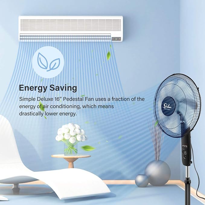 Simple Deluxe Oscillating 16″ Adjustable 3 Speed Pedestal Stand Fan with Remote Control for Indoor, Bedroom, Living Room, Home Office & College Dorm Use, 2 Pack, black